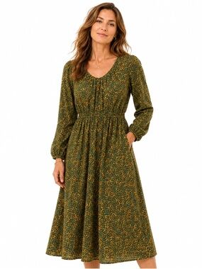 BODEN  Long Sleeve Green Floral Midi Dress with POCKETS! PTP 20-26 US 10R